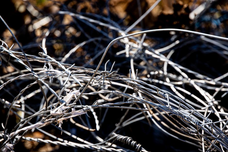 A person with a frustrated expression sits among a chaotic tangle of brightly colored wires and cables, representing a complex technological problem or system error.